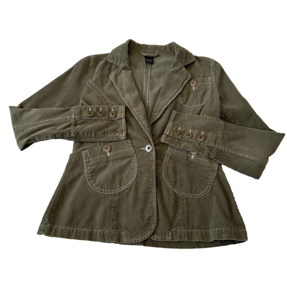 Aziz Women Corduroy Jacket Size M Olive Cotton One Button Closure Boho